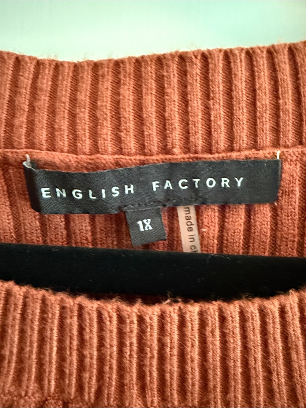 English Factory Rust Ribbed Sweater Top with White Ruffled Sleeves - Picture 2 of 15